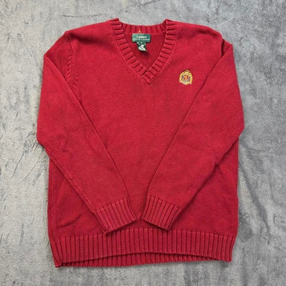Lauren Ralph Lauren Sweater Womens Medium Red V-Neck Knit Embroidered Crest Logo